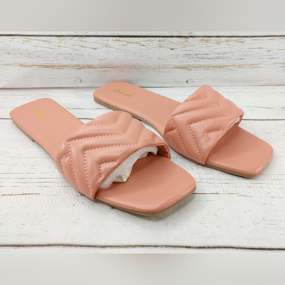 Qupid Flashy Chevron Quilted Square Toe Slide Sandals